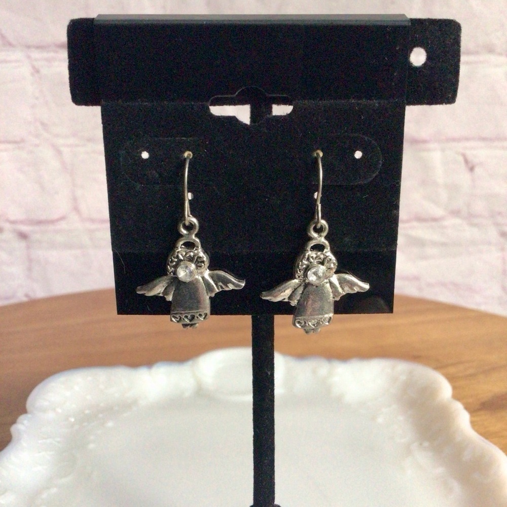 Whimsical Silver Angel and Rhinestone Dangle Earrings - Picture 2 of 3